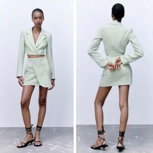 Zara Cut Out One Piece Pastel Mint Green Faux Wrap Blazer Mini Dress size XS NWT